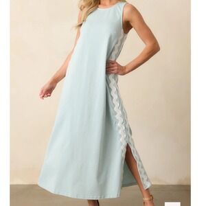 Prosperina 100% Cotton Blue Cotton Maxi Dress Ric Rac Trim Small NEW Summer